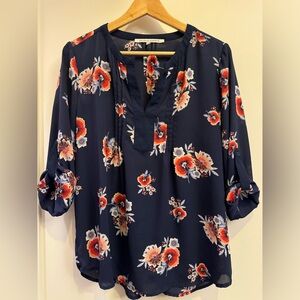 V Neck Flowy Blouse navy blue floral large